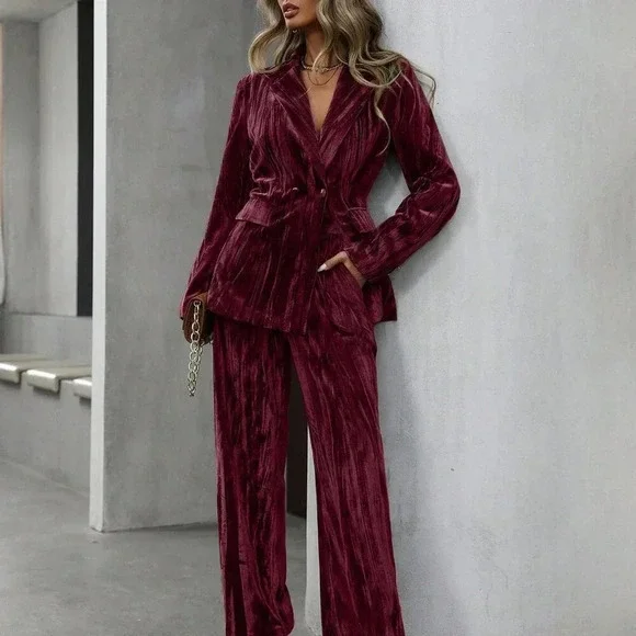 Red Elegant Women's Velvet Pleated Metal Button Suit Set - Picture 4 of 6